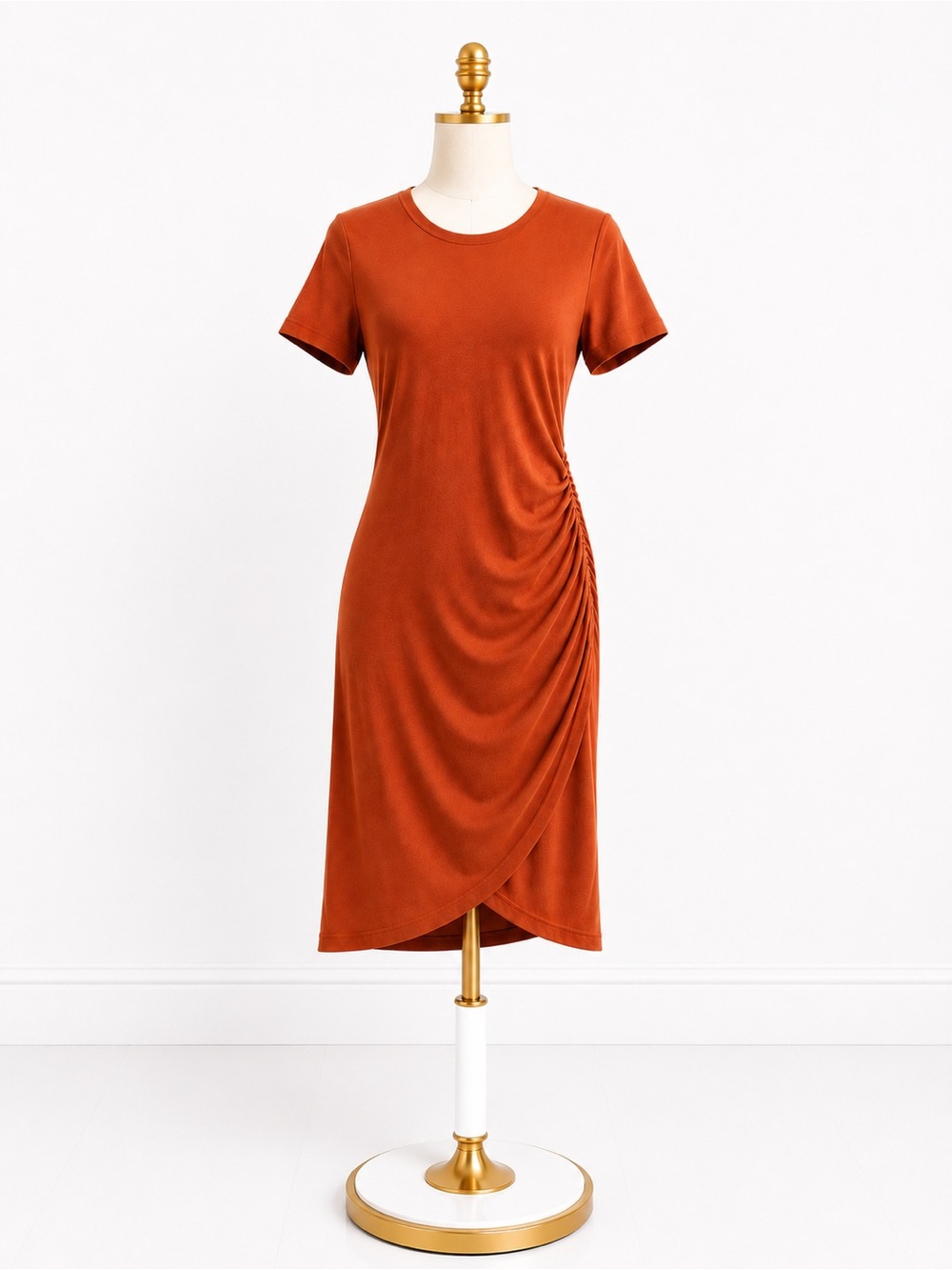 SHEIN Rust Short Sleeve Side-Ruched Midi Dress